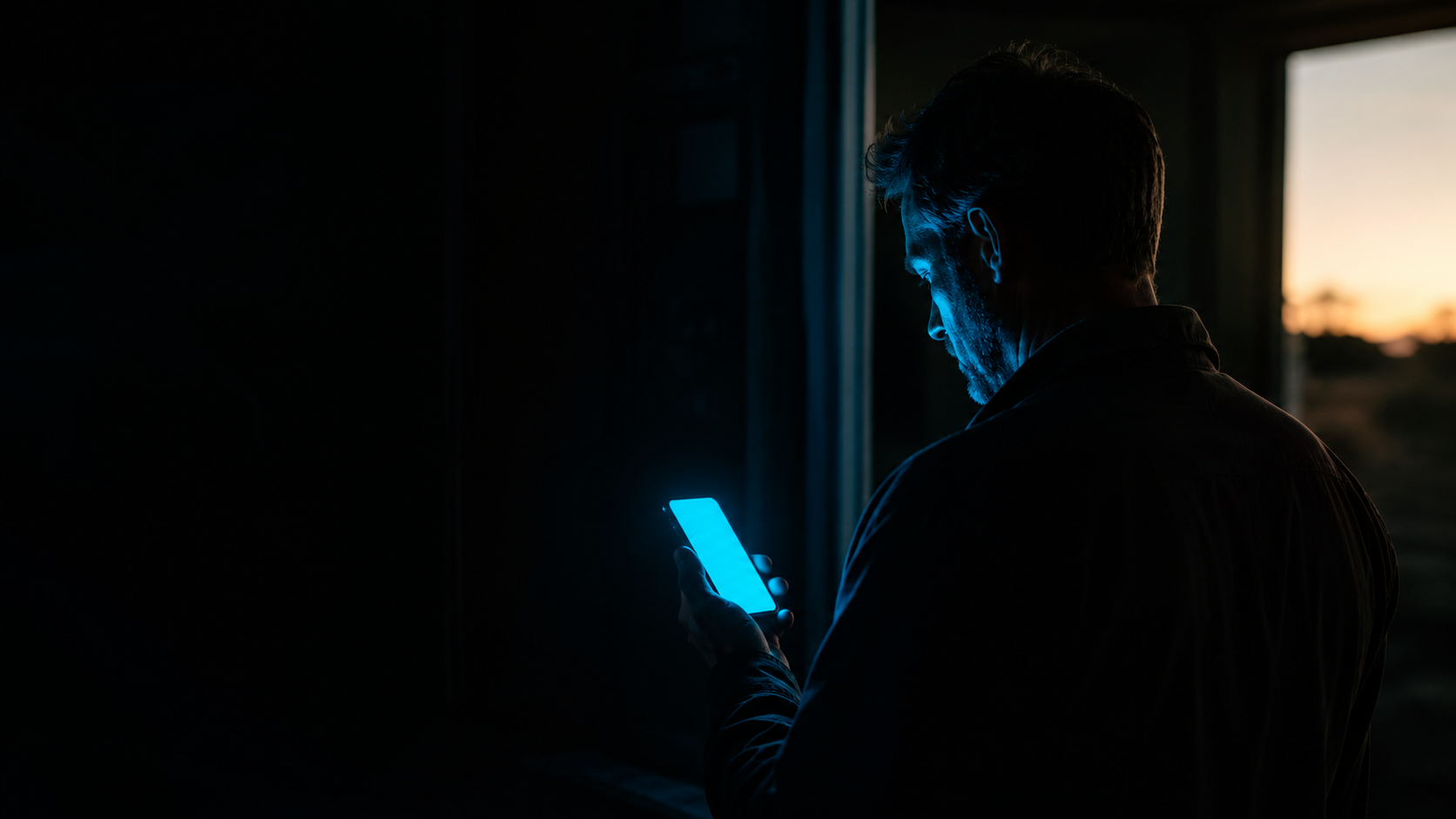 Anonymous Australian small business owner at dusk, the cyan glow of a competitor's website on their phone screen