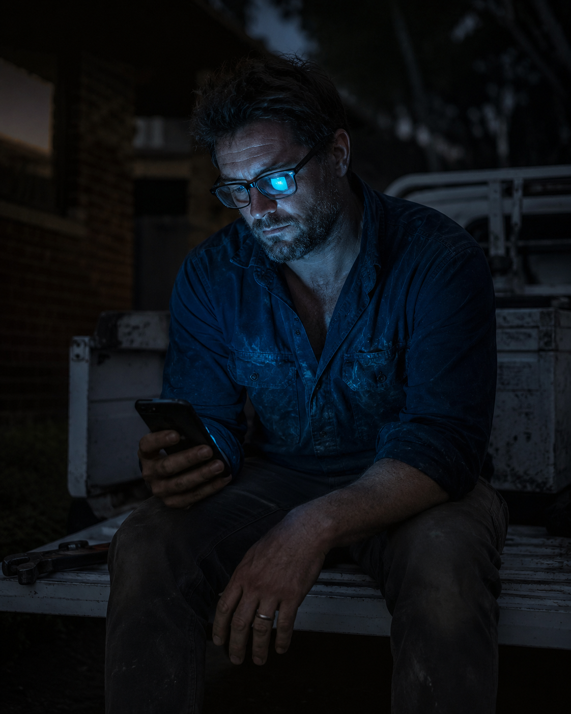 Australian tradie at dusk, illuminated by competitor's website on phone screen
