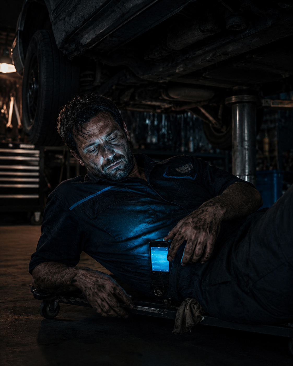 Australian mechanic sliding out from under ute, cyan SMS notification on phone